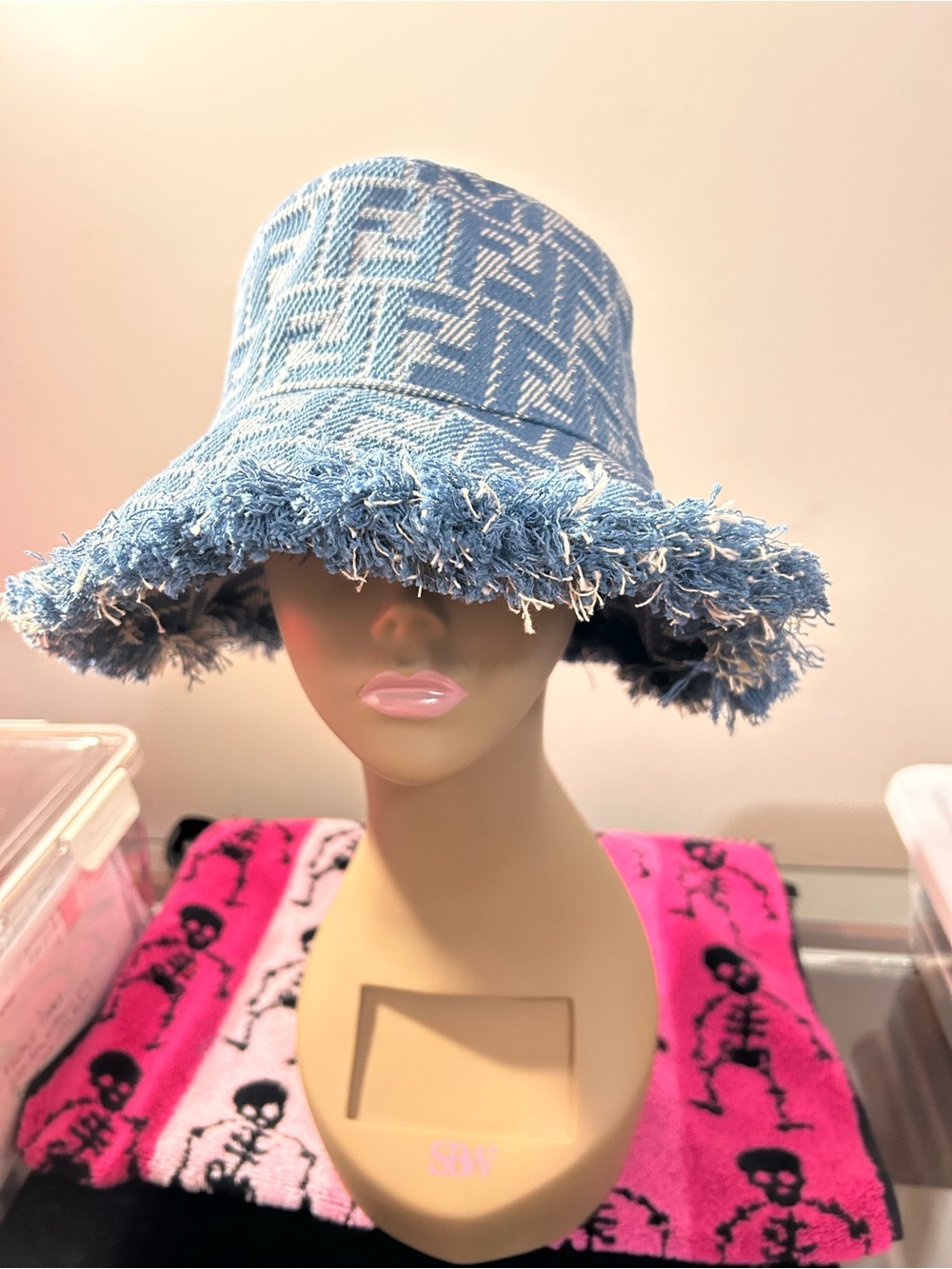 Authentic Fendi Light Blue Textured Fringe Brim Hat